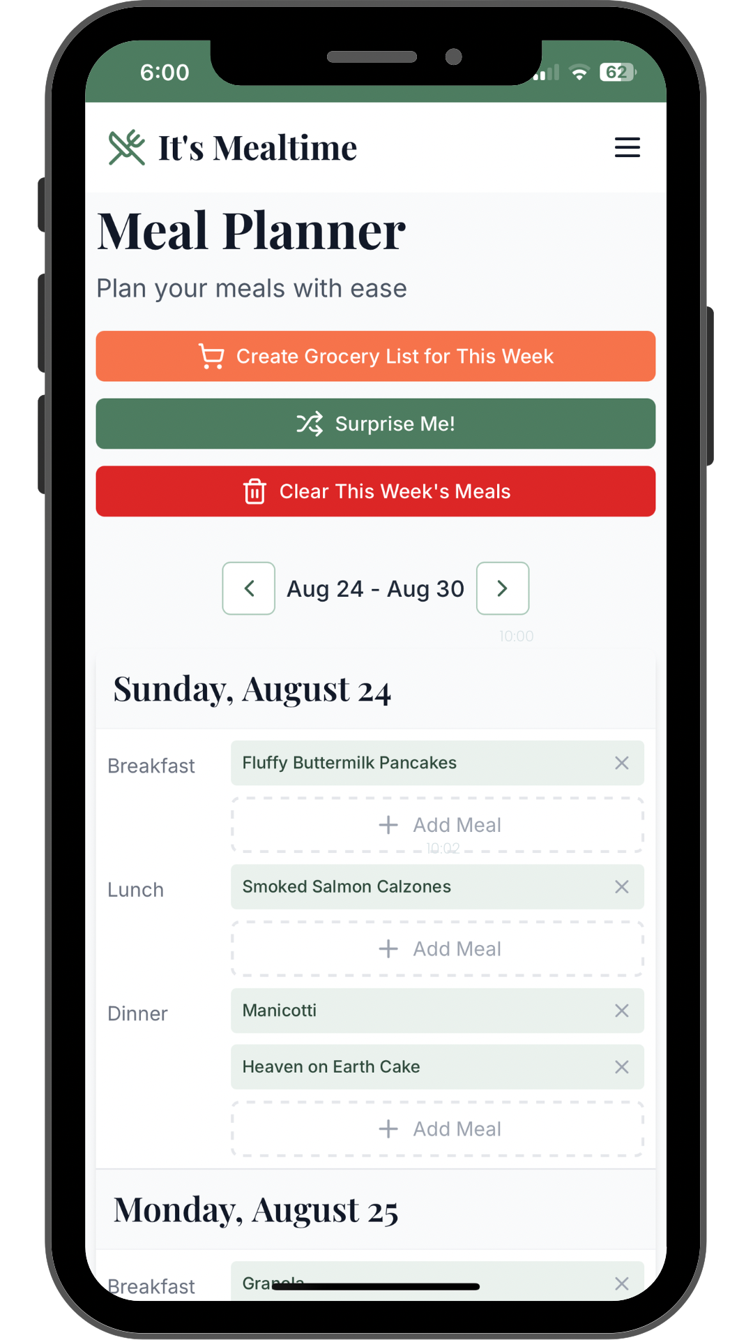 Meal planner screenshot